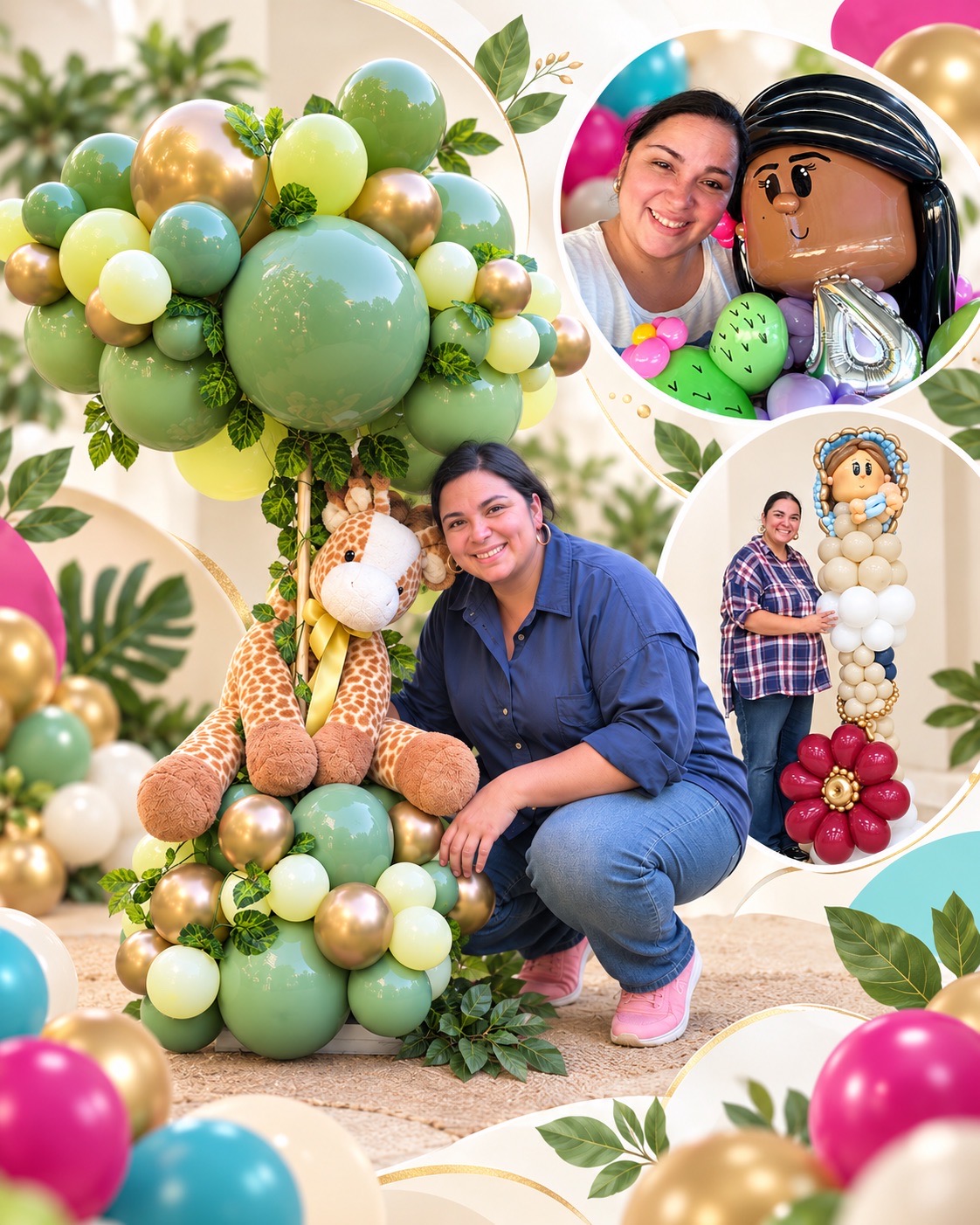 Collage de una decoradora de DecoPartyBalloons junto a sus montajes y figuras de globos